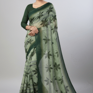 Monika Exclusive Green/Brown Leaf Print Saree