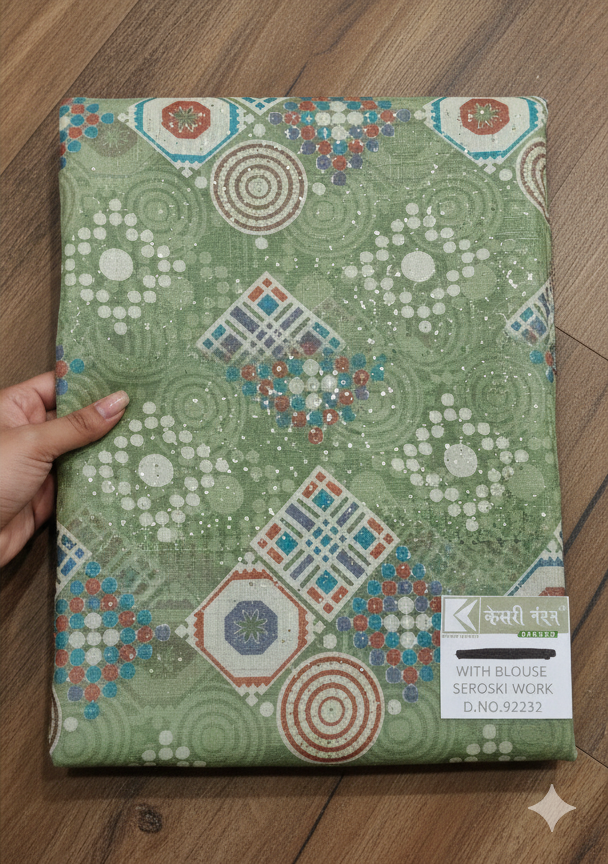 Designer Light Green Tissue Saree with Seroski Work Designer Light Green Tissue Saree with Seroski Work