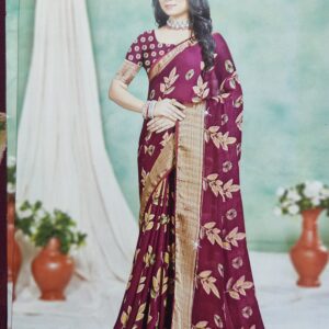 Floral Printed Silk Saree with Golden Zari Border