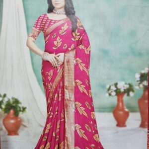 Floral Printed Silk Saree with Golden Zari Border - Pink