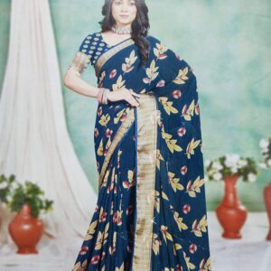 Floral Printed Silk Saree with Golden Zari Border