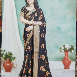 Floral Printed Silk Saree with Golden Zari Border