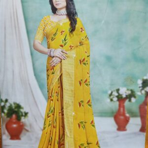 Floral Printed Silk Saree with Golden Zari Border