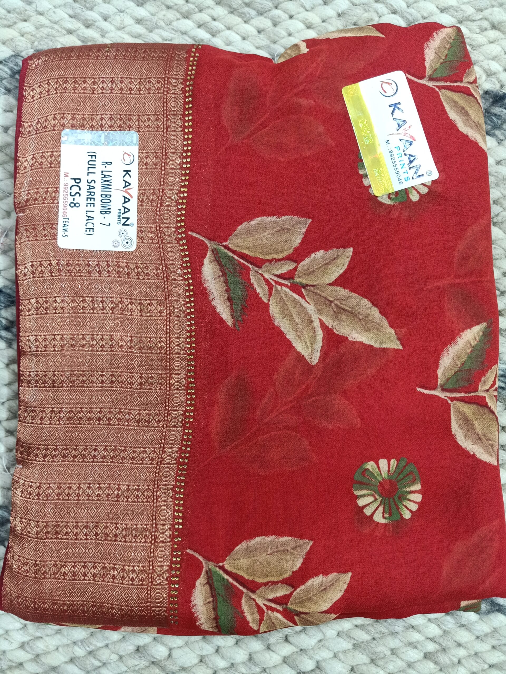 Red Floral Printed Silk Saree with Golden Zari Border