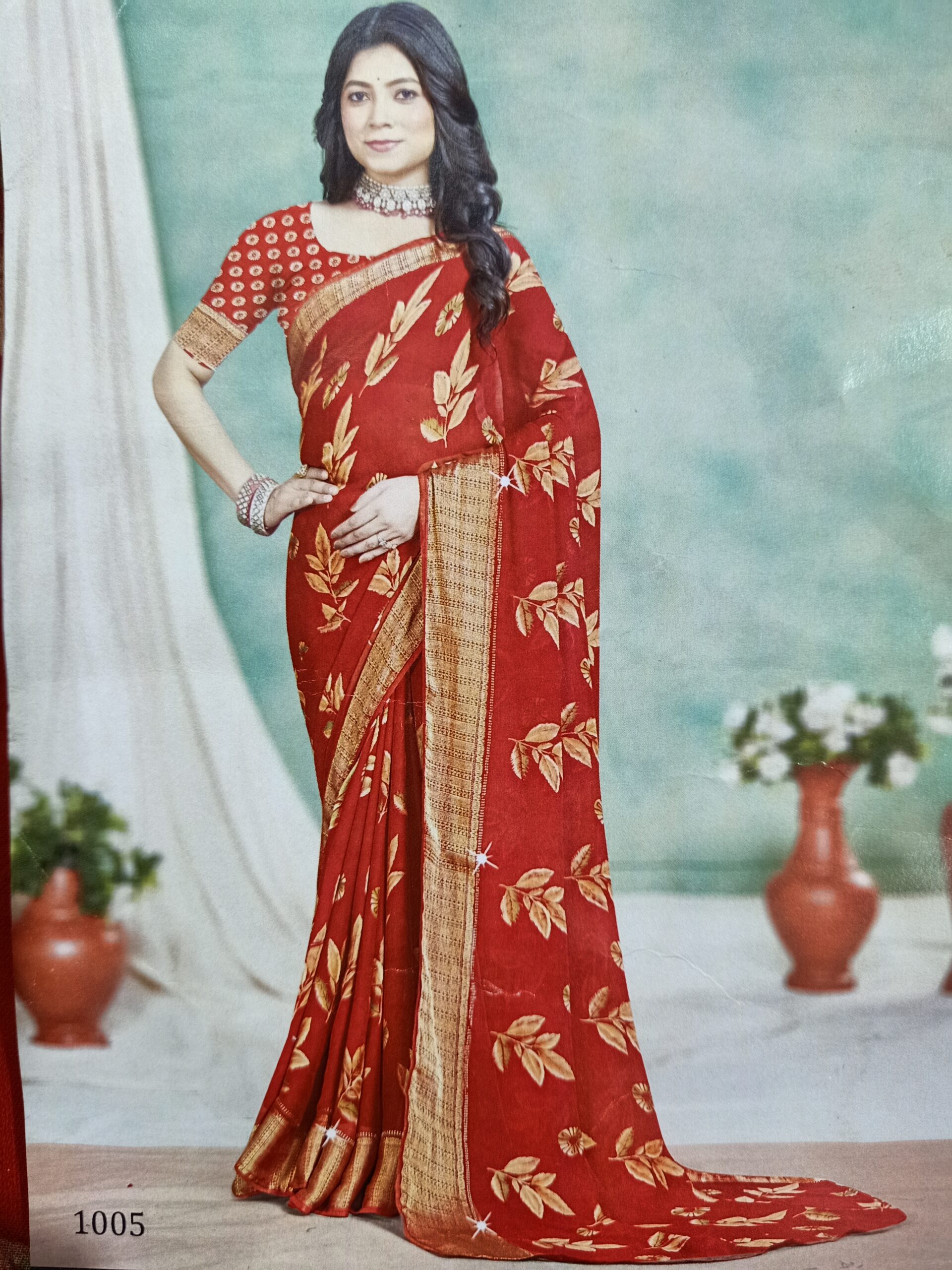 Red Floral Printed Silk Saree with Golden Zari Border Red Floral Printed Silk Saree