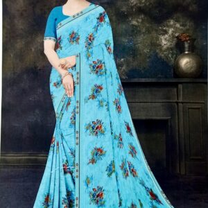 Aaisheb-2 Floral Printed Saree (With Blouse Piece) - Aqua Blue