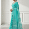 Indian woman model in turquoise blue saree showing side view for e-commerce.