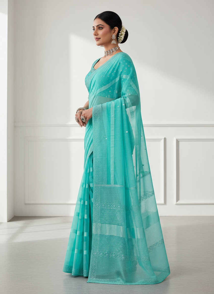 Indian woman model in turquoise blue saree showing side view for e-commerce.