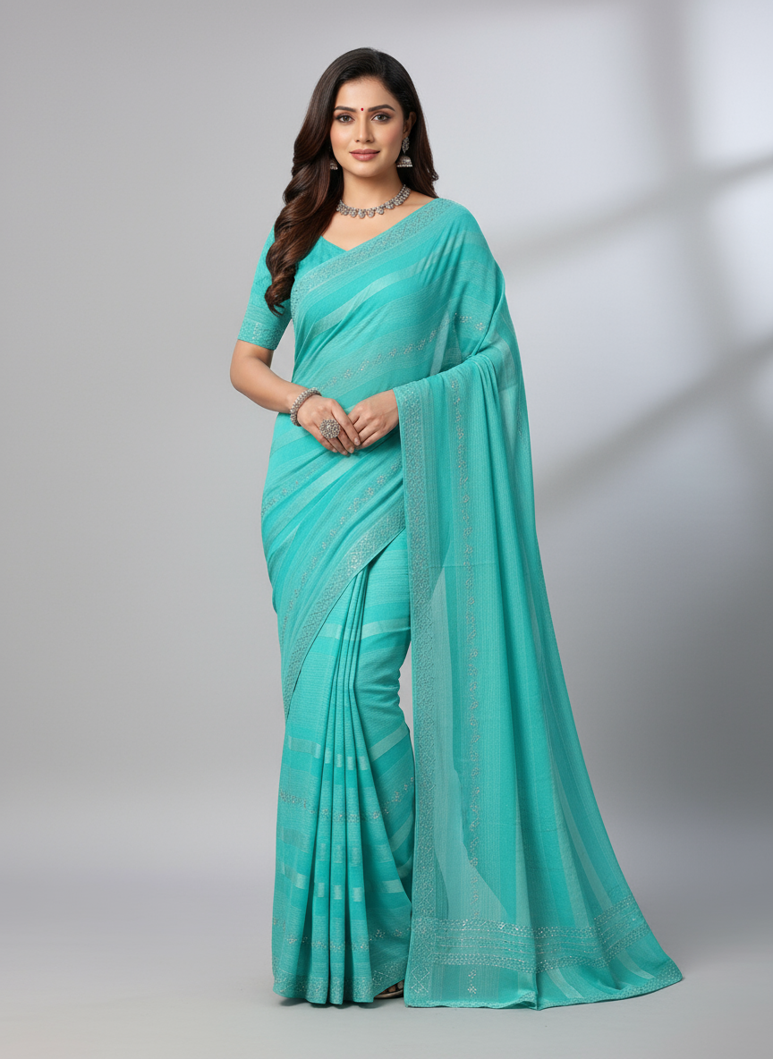 Indian woman model wearing turquoise blue saree in studio photoshoot for e-commerce.