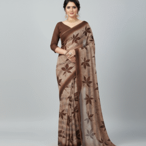 Monika Exclusive Green/Brown Leaf Print Saree - Brown