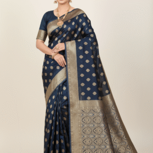 Elegant Navy Blue | Deep Brown & Gold Banarasi Saree with Intricate Pallu - Navy Blue & Gold