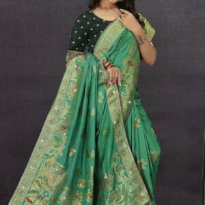 Kanjivaram Style Banarasi Art Silk Saree - Bottle Green